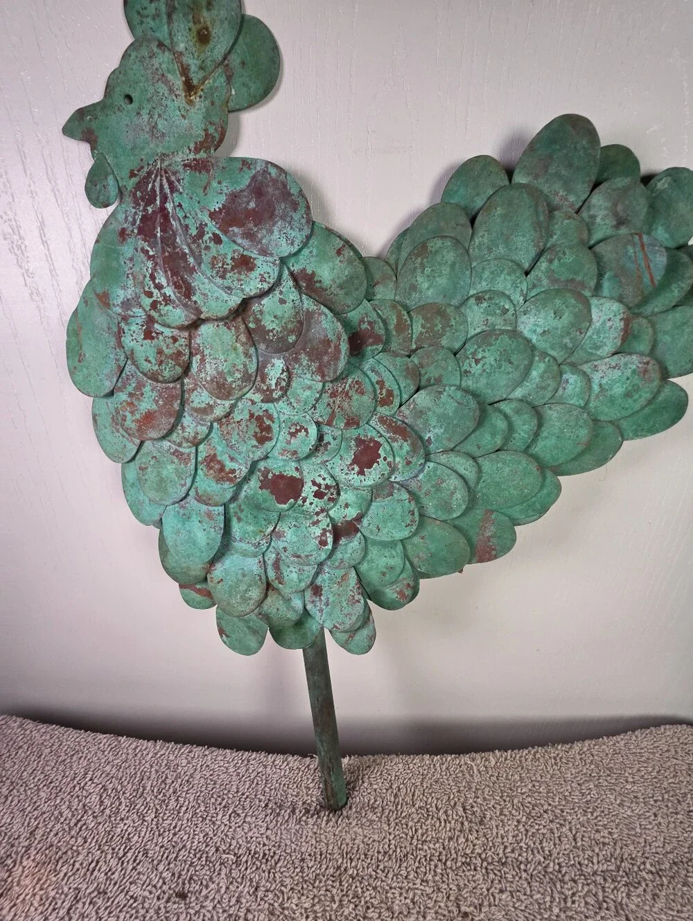 Patina Metal Rooster Garden Stake - Green Decorative Sculpture